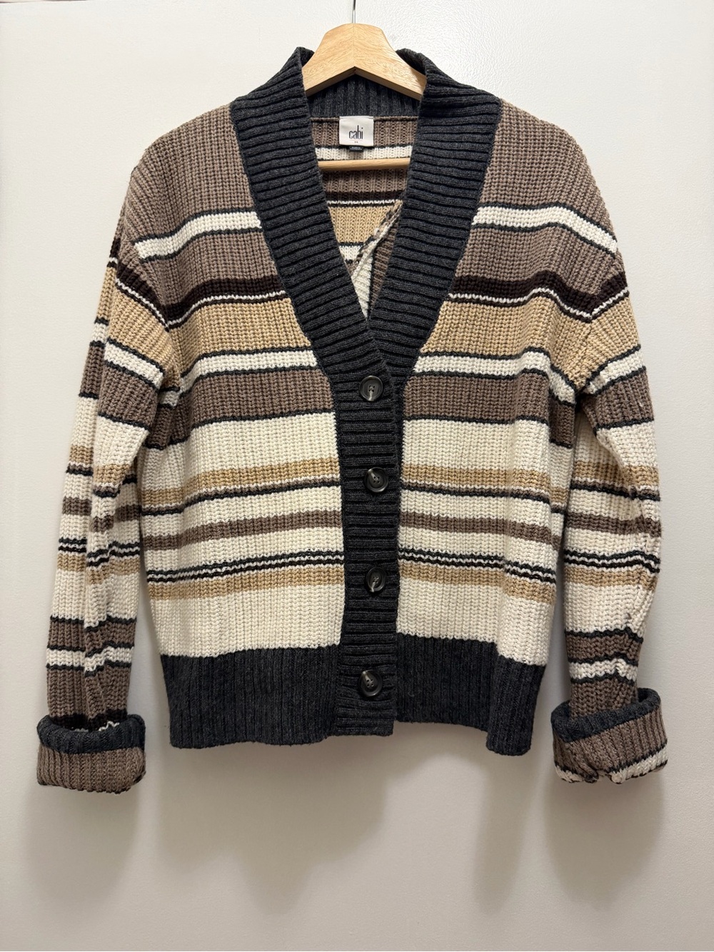 CAbi Striped Shawl Collar Cardigan in Cream, Brown & Dark Gray Size Medium